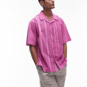 ASOS Topman short sleeve broderie holiday shirt in washed pink - resort wear XL